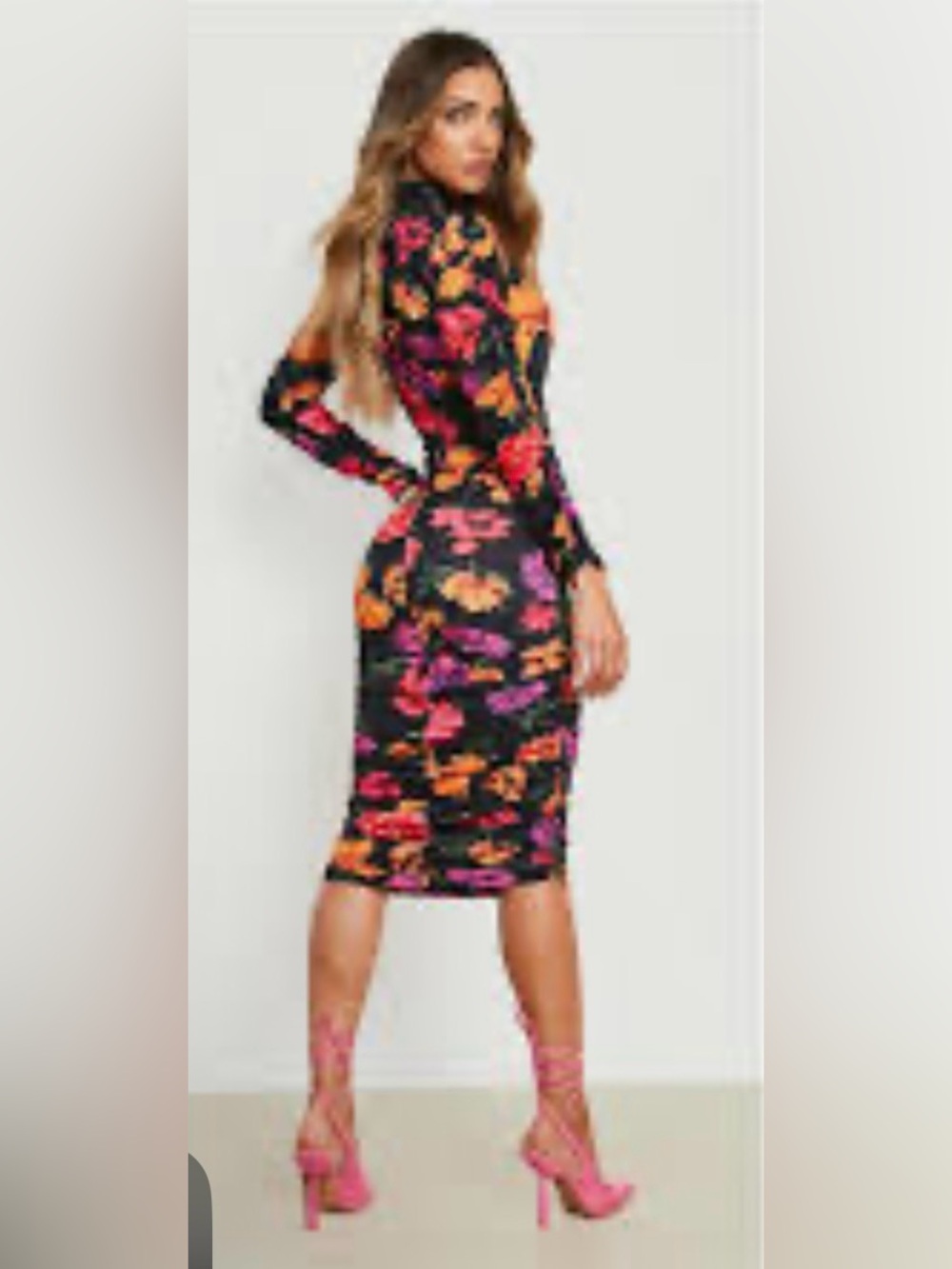 Zara Black Long-Sleeve Floral Ruched Midi Dress - Pink & Orange Blooms